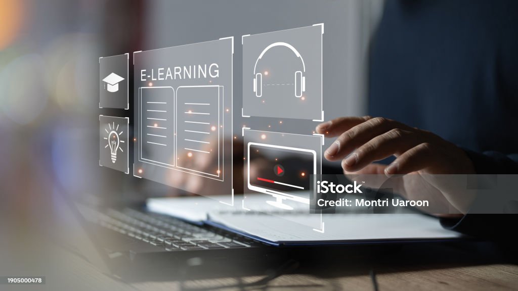 Concept of Online education. man use Online education training and e-learning webinar on internet for personal development and professional qualifications. Digital courses to develop new skills.